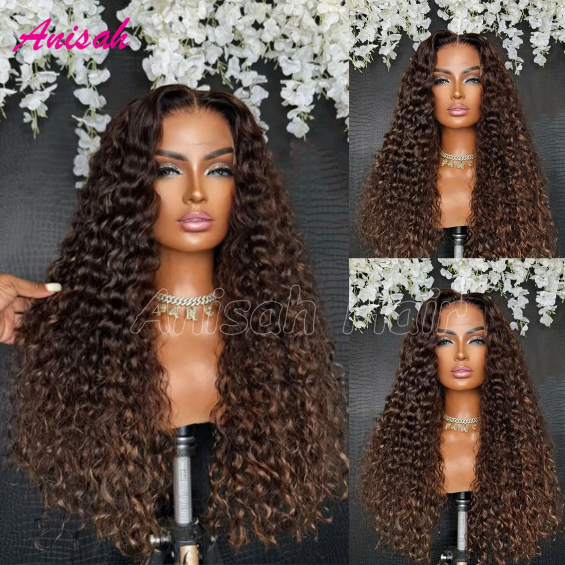 

Brazilian Raw Hair Kinky Curly Curly Wigs Human Hair Brown Lace Frontal Wig Colored Water Wave Lace Front Closure Glueless Wig