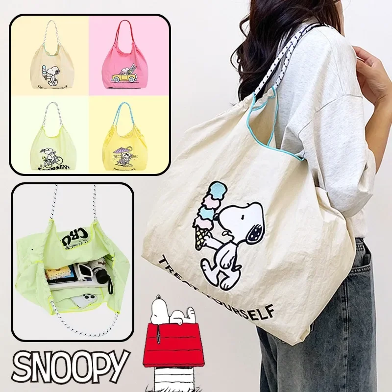 

Snoopy Women Shoulder Bag Cartoon Embroidery Ladies Casual Handbag Tote Bag Reusable Large Capacity Polyester Shopping Beach Bag