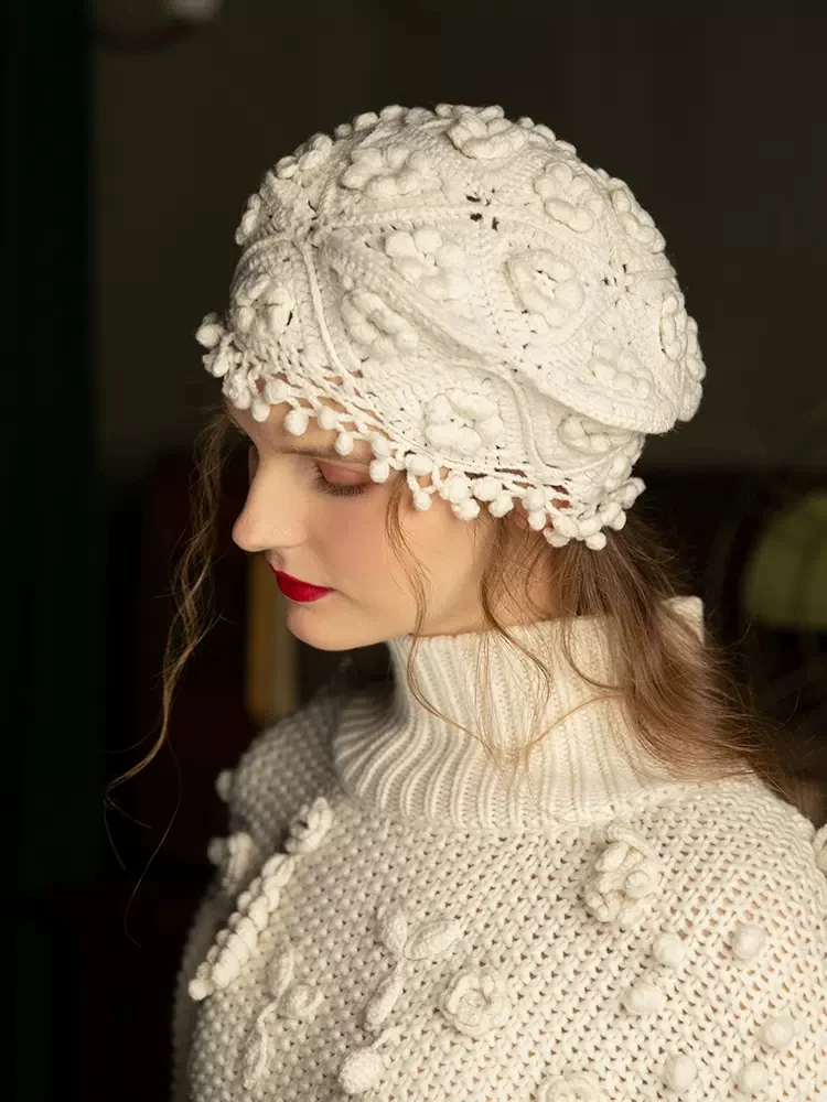 Crochet Fringe Beret Women Autumn and Winter French British Vintage Cashmere Knitted Hat Beautiful Handmade Cashmere Hat