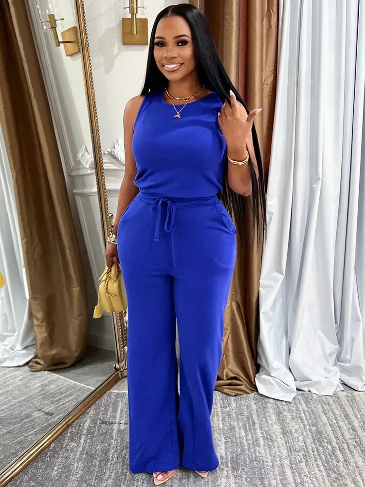Jumpsuit Kasual Solid untuk Wanita Romper Satu Potong Pinggang Tinggi Tali Serut Tanpa Lengan dan Jumpsuit Kombinasi Pakaian Musim Panas