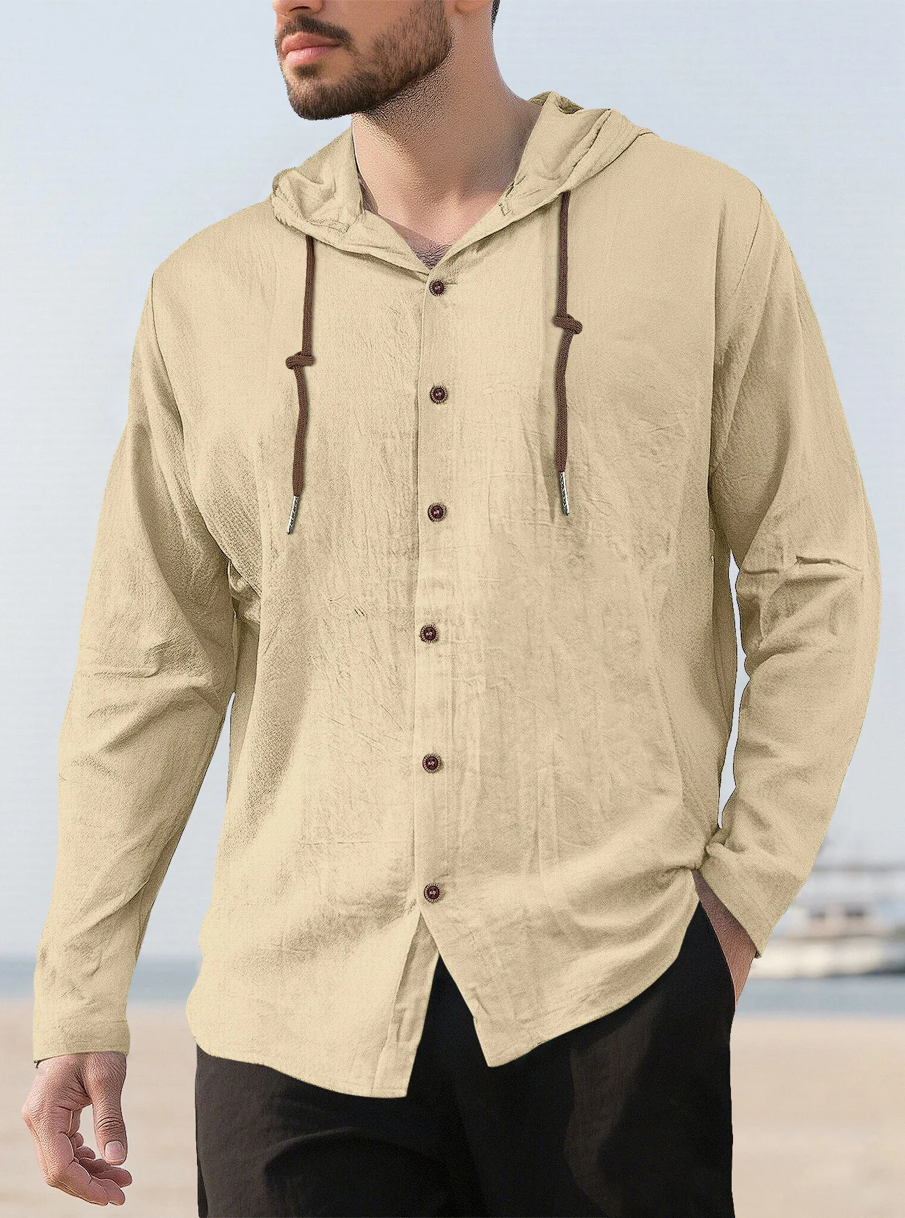 Camiseta masculina de algodão e linho com capuz 2026 primavera verão cor sólida casual manga comprida camisas com botões