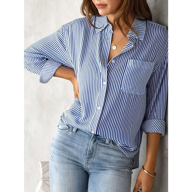 

Classic Blue Striped Shirt Women 2025 Autumn Streetwear Vintage Long Sleeve Blouses Female Casual Loose Single-Breasted Shirts