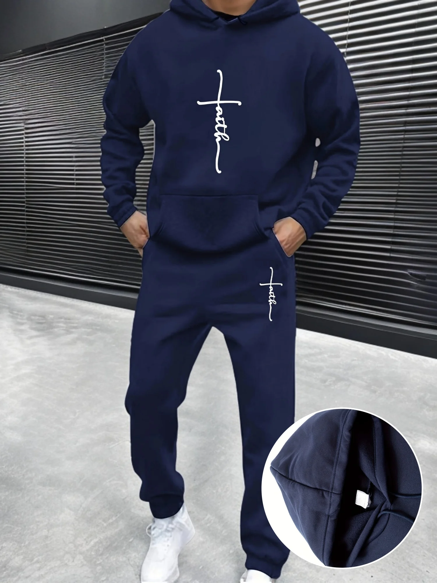 

Мужская осенне-зимняя повседневная модная теплая вера с буквенным принтом, свободная и плюшевая толстая толстовка с капюшоном + спортивные штаны, комплект