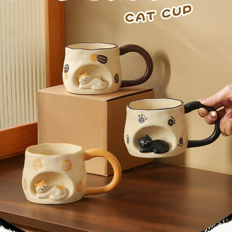 3D Three-dimensional Cat Ceramic Mug, Ins-style High-looking Afternoon Tea Cup for Girls, 350ml Household Children's Milk Cup