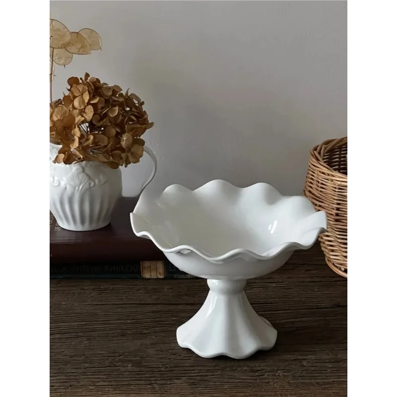 White Ceramic High Footed Fruit Bowl Wave Skirt  Living Room Decorative Ornaments Home Decoration Artistic Fruit Tray