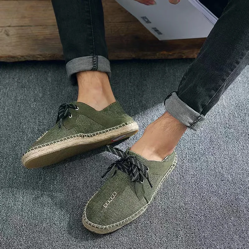 New Fashion Summer Grass Knitted Shoes Casual Lazy Man Canvas Hemp Insole Fisherman Light Shoes Men\'s Lace Up Flat Shoes