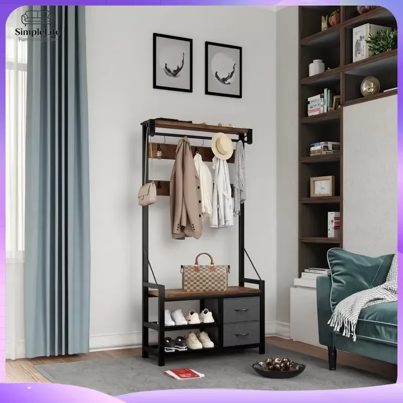 Modern Metal Coat Rack with Shoe Storage and Drawers Multi Layer Entryway Hall Tree Stand Clothes Hanger Organizer for Living