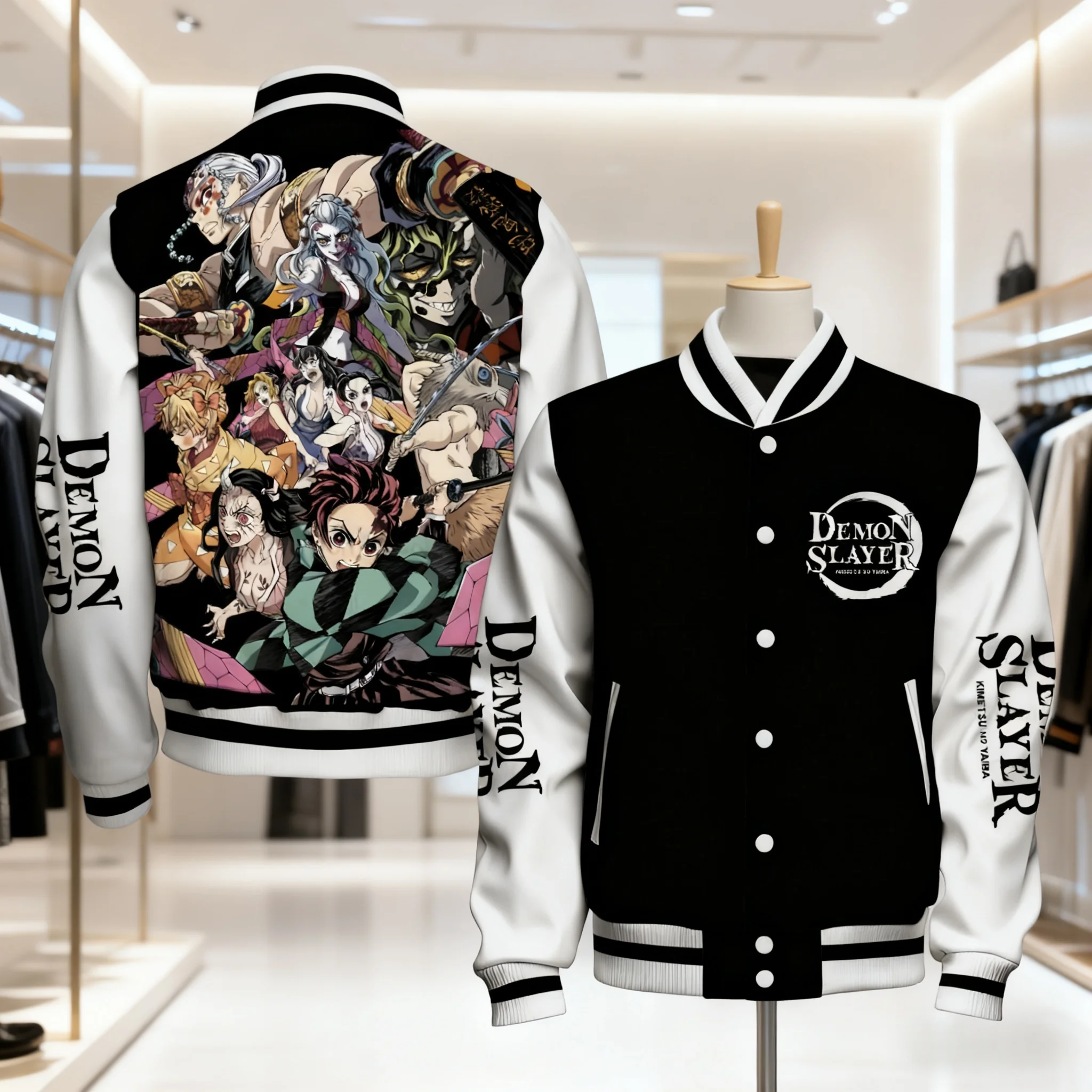 

Бейсбольная куртка унисекс Demon Slayer Kimetsu No Yaiba, черно-белая с принтом на спине, Tanjiro Kamado Nezuko, дизайн персонажа