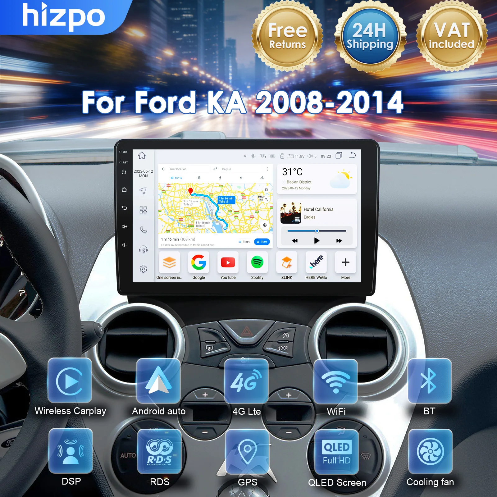 Autoradio Android Hizpo 9 pollici per Ford KA 2008-2014, Navigatore GPS, Stereo, Wi-Fi, 4G, Bluetooth, Schermo QLED, Telecamera 360, FM, SWC, Controllo Vocale AI