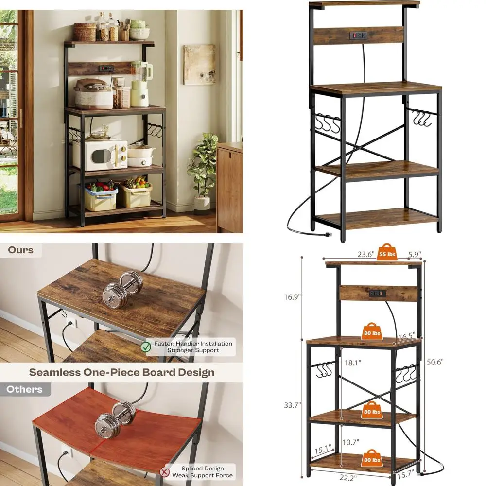 

4-Tier Kitchen Baker's Rack with Power Outlet, Coffee Bar, Spice Storage, and Pot Hooks - Rustic Brown
