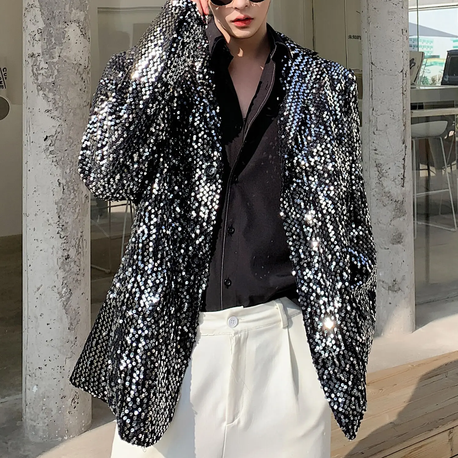 Sequin Blazer Hombre Stage Show Blazer Jacket Outerwear Men Sequins Casual  Suit Jacket Overcoat Male Silver Paillette Blazer