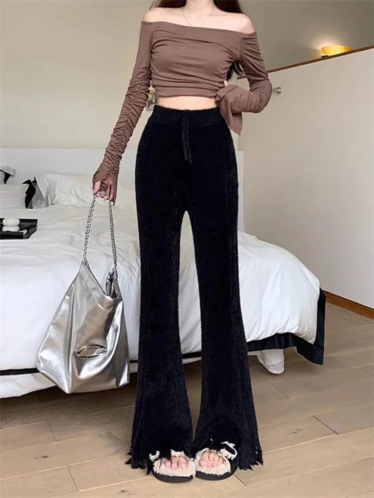 المرأة سميكة لينة متماسكة Pants غير رسمية ، شرابة سوداء ، عالية الخصر ، سليم المناسب ، أنبوب مستقيم ، مايكرو متوهج ، الخريف ، الشتاء