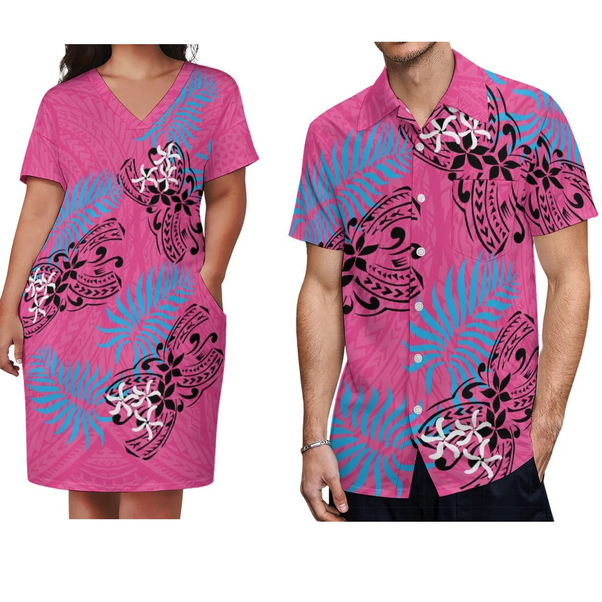 

Pacific Island Vintage Art Print Loose Casual Women'S Short Sleeve Dress Pocket Skirt Matching Men'S Pocket Shirt