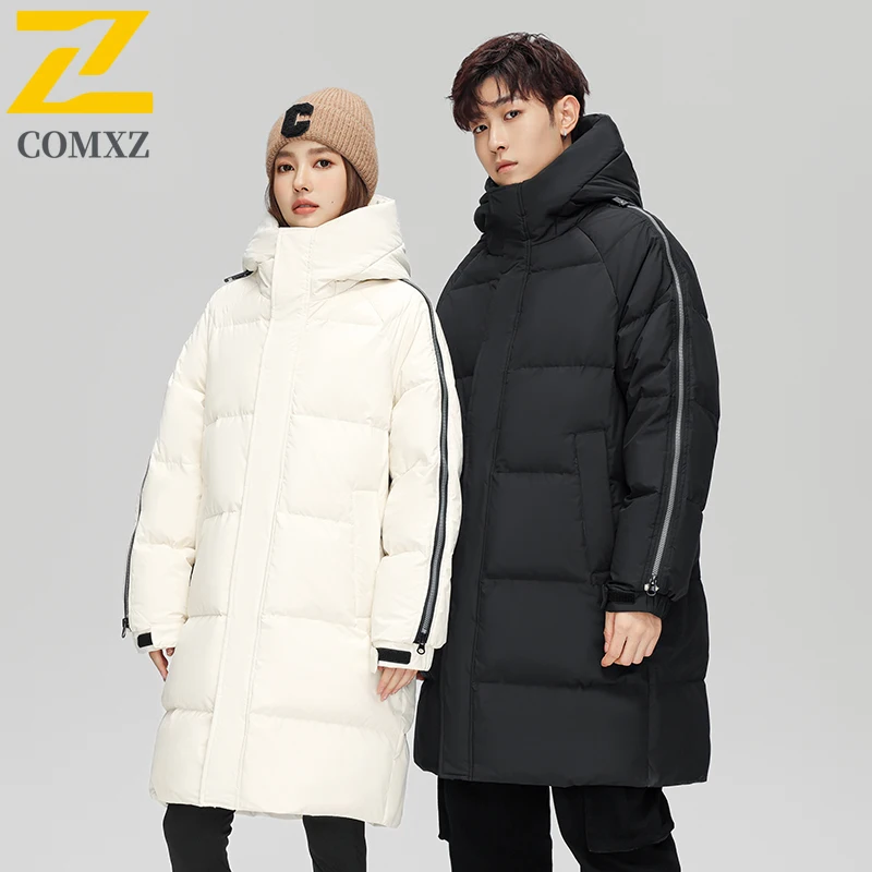 COMXZ Men Long Down Jacket High Quality 90 Percent Duck Down Skiing Warm Coat Fashion Zipper Design Hooded Winter Puffer Coat