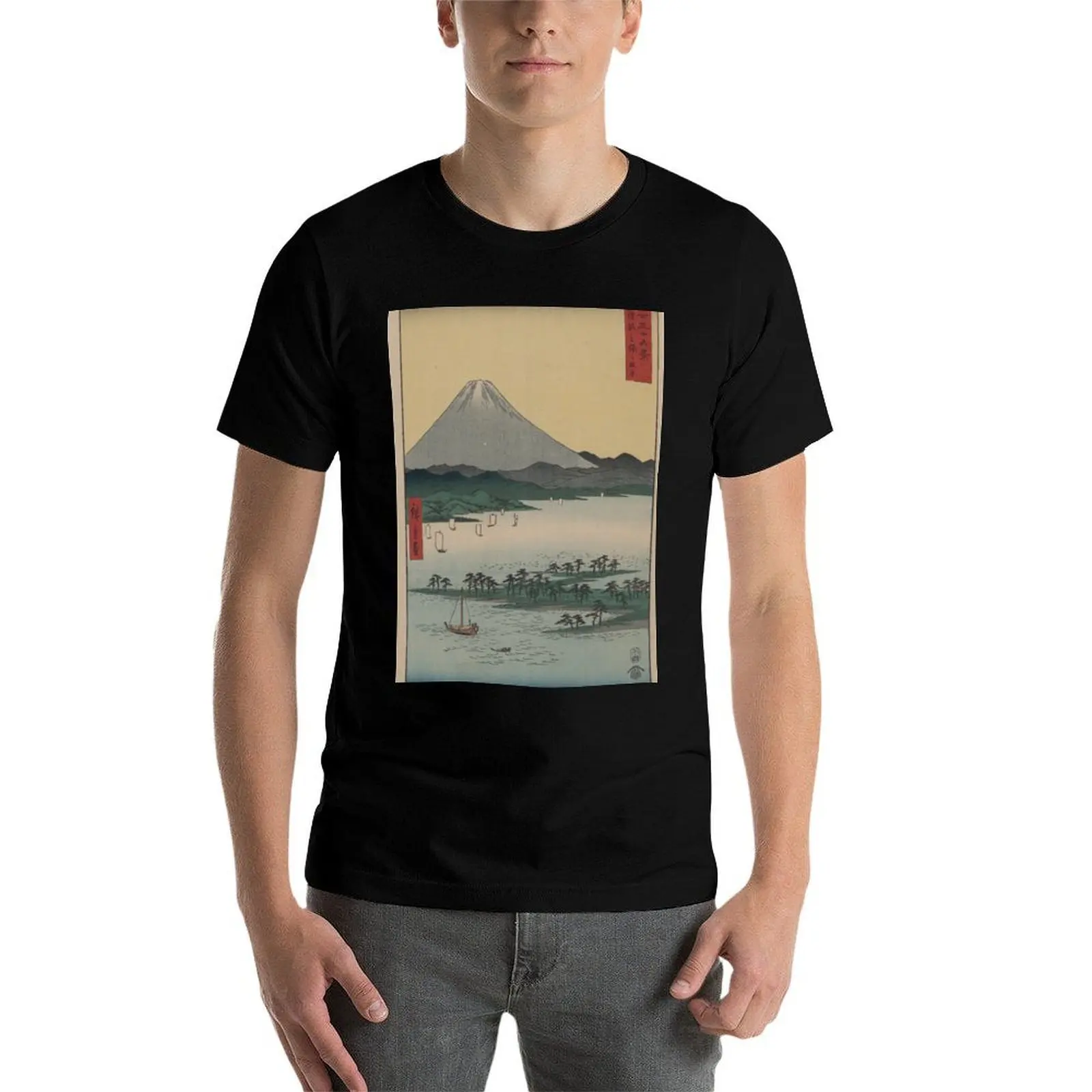 watercolor and Mt Boatmen 1850's Japanese print Fuji T-Shirt Christmas Casual Tee Shirt