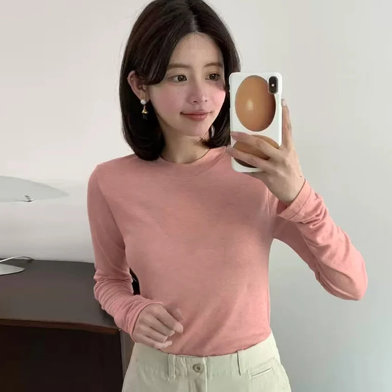 Camiseta coreana Sle redonda Ne Long Sve, capa Base para mujer, Color puro, Top transparente Sexy ajustado para otoño, recién llegado