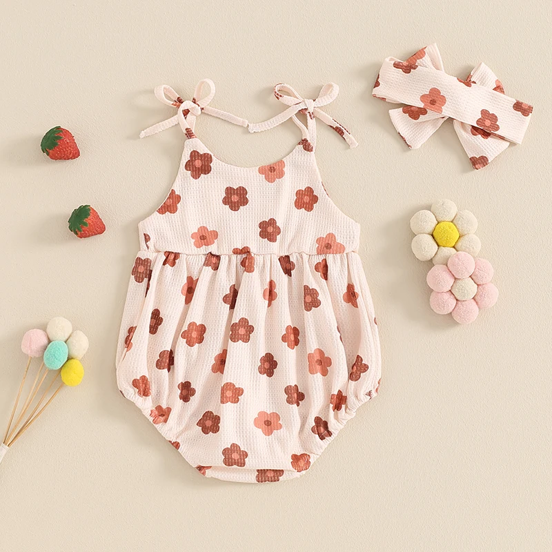 Baby Girl Summer Romper Cute Floral Strawberry Print Sleeveless Tie Strap Bodysuit Newborn Playsuit