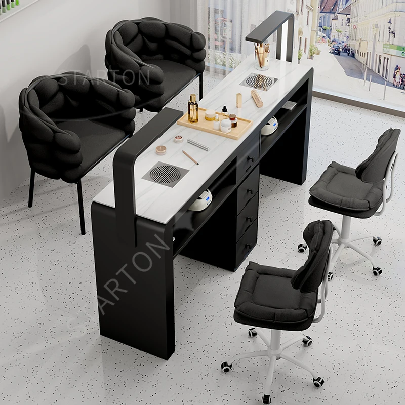 Multifunctional Manicure Table and Chair Set, Special Single and Double with Vacuum Cleaner, Manicure Table Marble Cream Wind