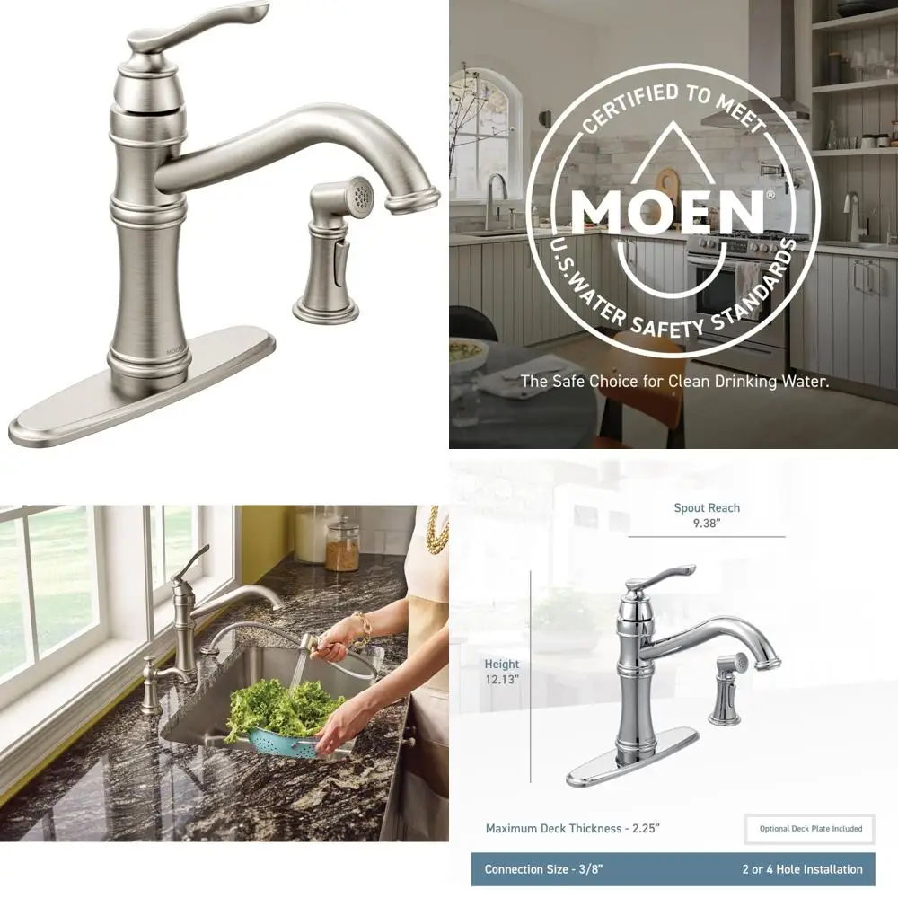 

Moen Belfield Spot Resist Stainless Steel Traditional Single Handle High Arc Kitchen Faucet with Side Spray and Optional Deck Pl