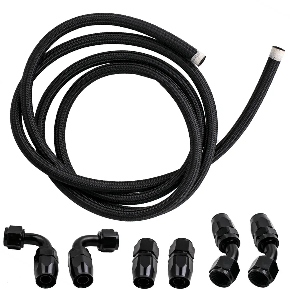 10AN AN10 12FT Nylon Braided Fuel hose Line + Black Swivel Fitting Hose End Kits