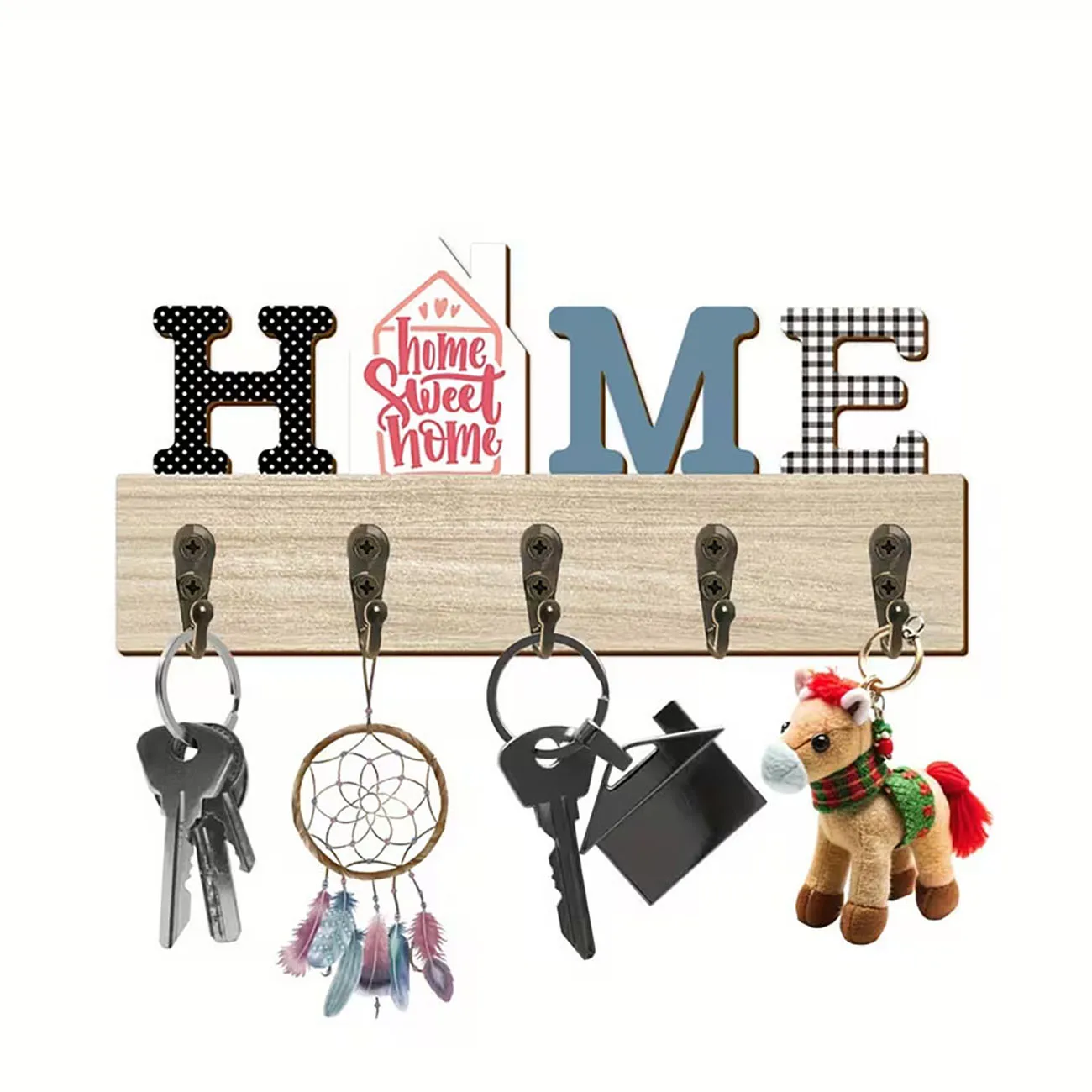Wooden key rack with patterned HOME letters and house sign, five metal hooks, sweet home entryway wall decor.