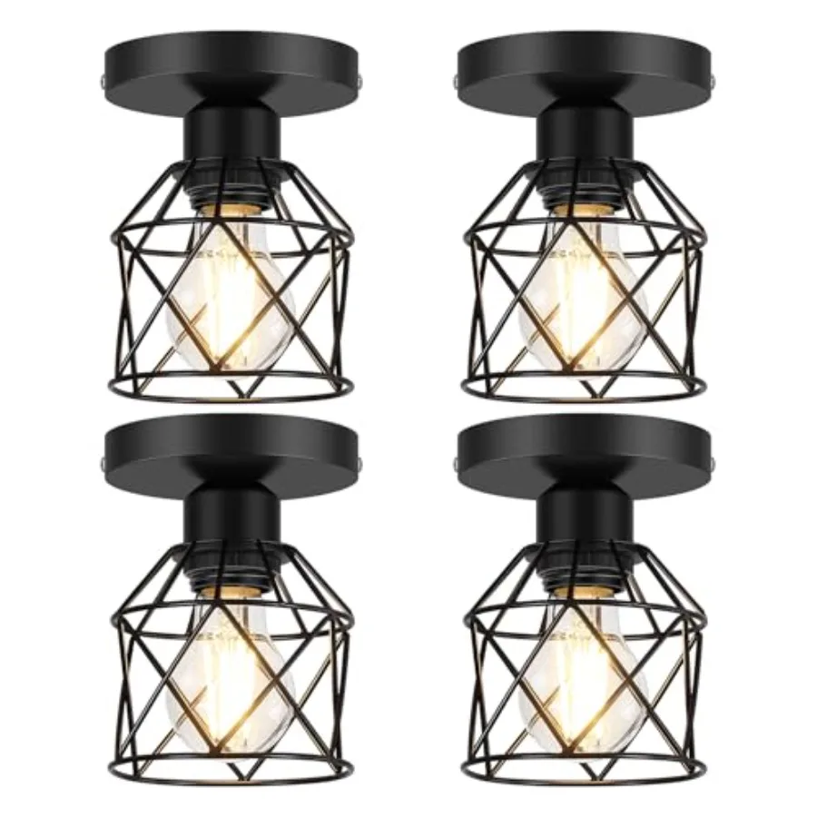 

Semi Flush Mount Light With LED Bulb Farmhouse Hallway Ceiling Fixture Black Retro Metal Cage Indoor Lamp for Kitchen Bedroom E