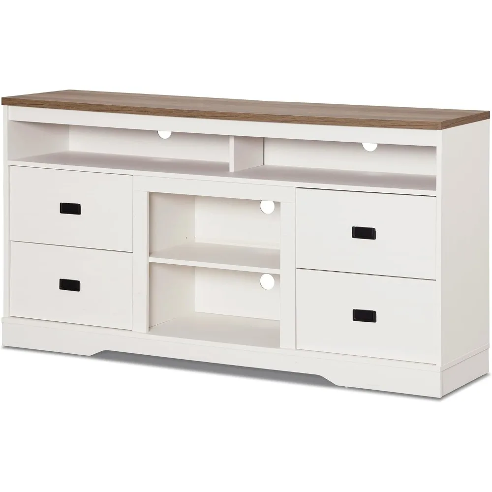 حامل تلفزيون لتلفزيون 65 بوصة، مركز ترفيه من الخشب الأبيض العتيق مع أدراج ورف قابل للتعديل، وسائط طويلة #5