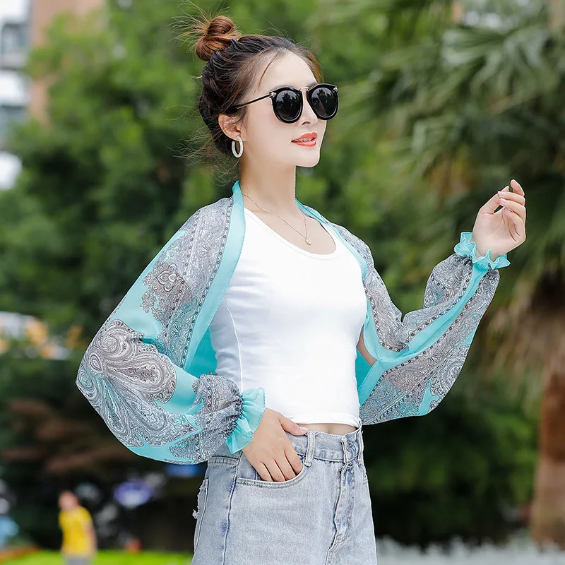 50-160cm Spring/Summer Cashew Printed Sunscreen Clothing Chiffon Shawl Driving Cycling Sunscreen Sleeve Sun-Protective Shirts