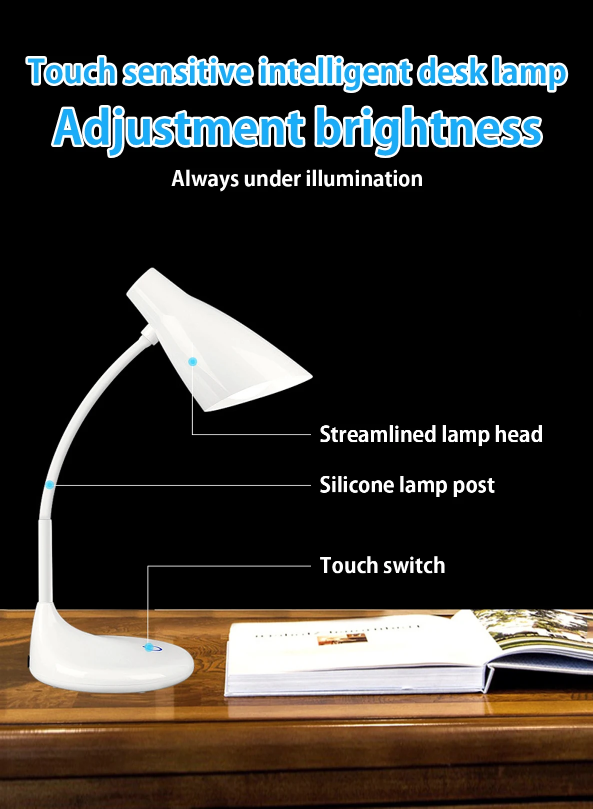 A  1000mAh battery rechargeable led table lamp set 3-gear touch dimmer gooseneck table lamp，Eye protection desk lamp