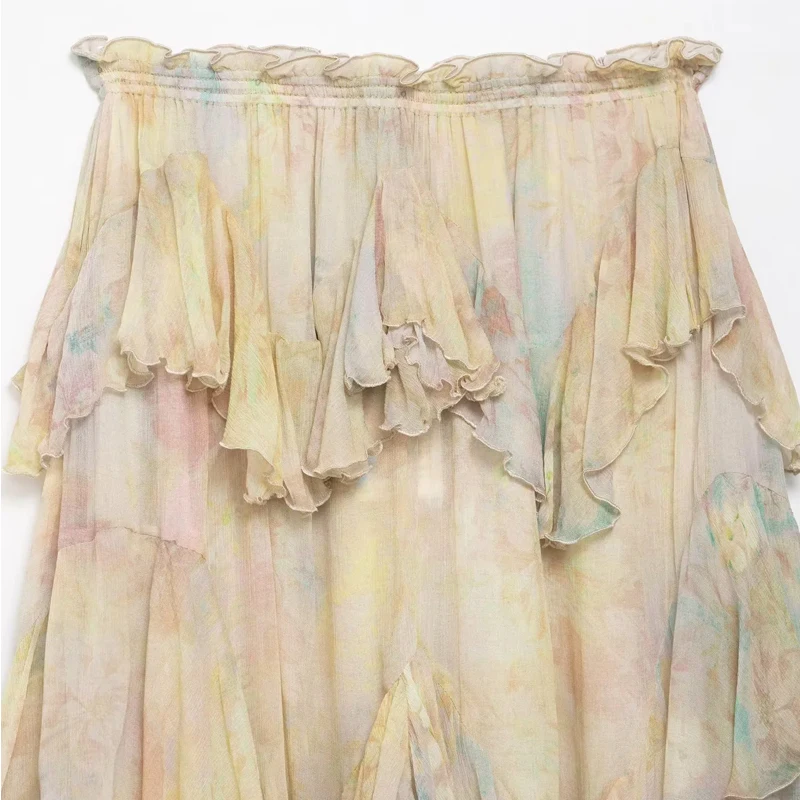 HXAO Print vrouwen Rok Zomer Ruche Lange Rokken Voor Vrouwen Plooien Gelaagde Midi Rok Fee Tule Asymmetrische Vrouwelijke Rok