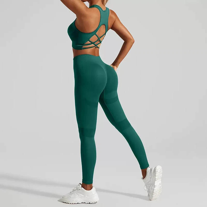 2PCS Women's High Waist Yoga Sports Bra And Pants Set with Cross Belt Peach Butt Lifting Fitness Outfit Beautiful Back
