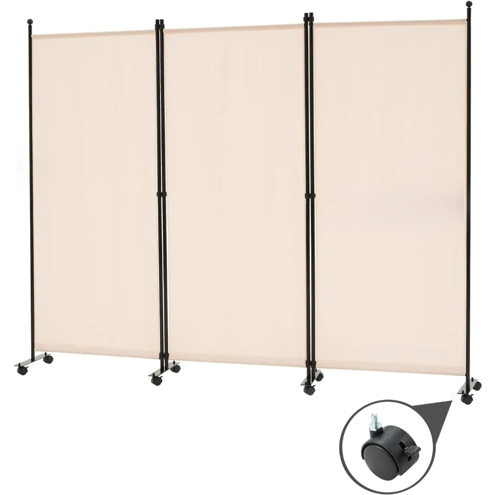 

3 Panel Rolling Room Divider, Folding Partition Privacy Screens, Freestanding Fabric Room Panel, Portable Folding Wall Divider