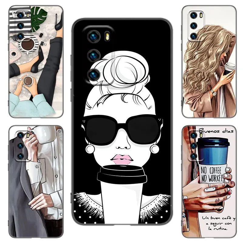 Princess Fashion Coffee Girl Phone Case For Huawei P20 P30 P40 Lite P60 Art Pura 70 Ultra P50 Pro P50E P Smart 2019 2020 2021