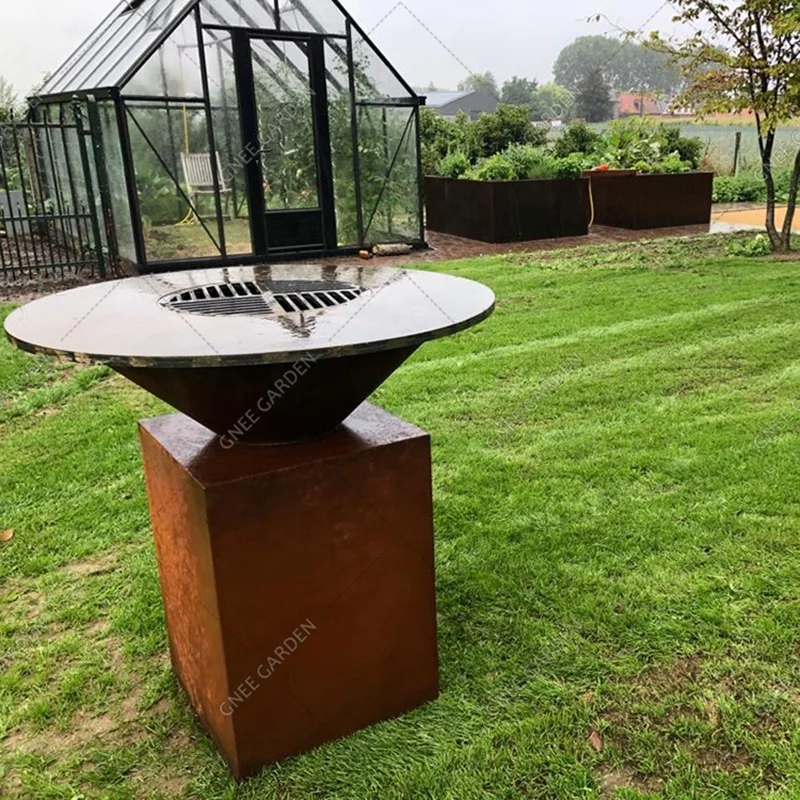 Outdoor Korean Style Corten Steel Smokeless Storable Heavy Duty BBQ Fire Pit with Trolley and Full-Size Cooking Grate