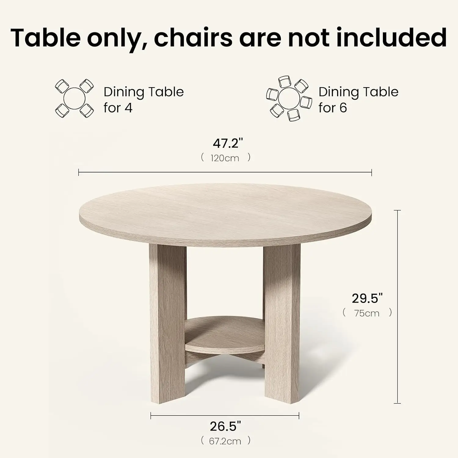 47 Inches Round Dining Table for 4-6 People, Wood Circle Kitchen Table with Under-Table Storage Shelf, Modern, Customized