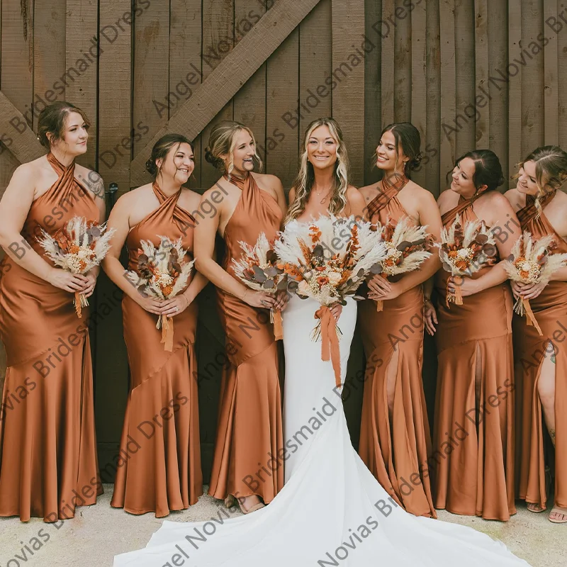 

Customized Burnt Orange Bridesmaid Dresses Halter Neckline Evening Prom Party Gowns vestido de madrinha de casamento