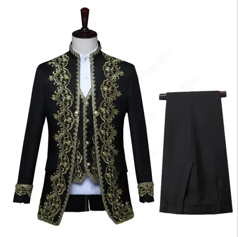 4XL Adult Men 3PCS Set Victorian Steampunk Royal Prince Costume Vintage Baroque Jacket Vest Coat Pants Wedding Groom Blazer Suit