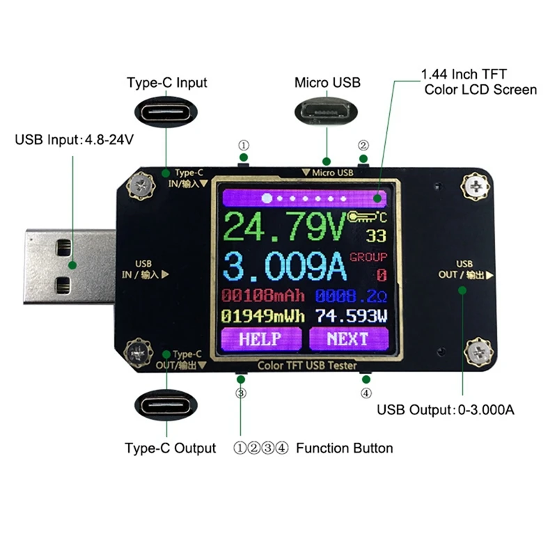 1 Piece A3 Color Type-C Digital Voltmeter Dc Voltage Current Meter Ammeter Detector Power Bank Charger Indicator USB Tester