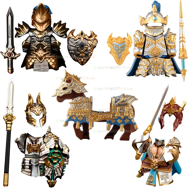 

S124-127 War Horse Heavy Armor Knight MOC Armour Shields Helmet Medieval Military Action Figures Boys Girls Playability Toys