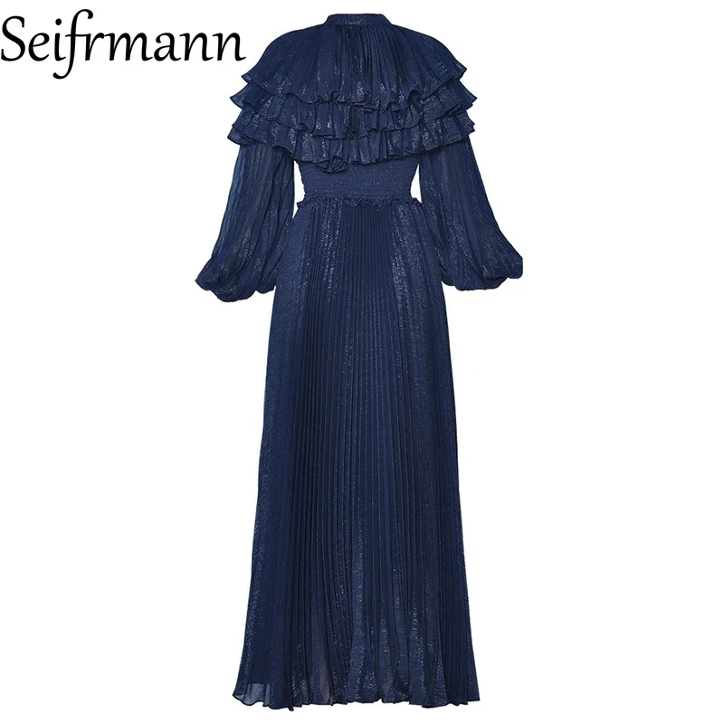 Seifrmann 2026 Spring Women's New Fashion Collection Leading Lantern Long Sleeve Hundred Fold Waist Cinching Dress