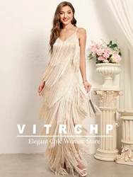 VITRCHP Luxury Evening Dresses 2025 Glitter Tassels Sleeveless Straight Long Prom Dress Floor Length Formal Occasion Dresses