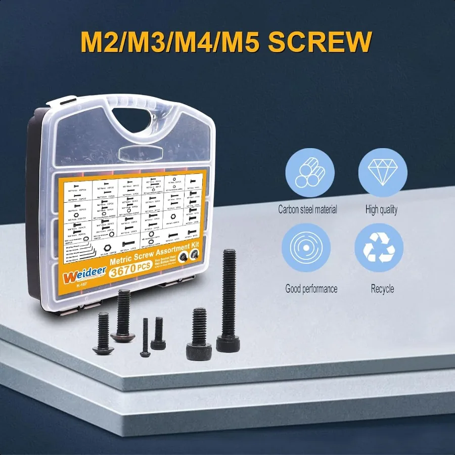 3670 pz M2 M4 M5 Kit di assortimento di viti metriche Assortimento di bulloni metrici 12.9 Acciaio legato Testa a esagono incassato 10.9 Bottone esagonale in acciaio legato