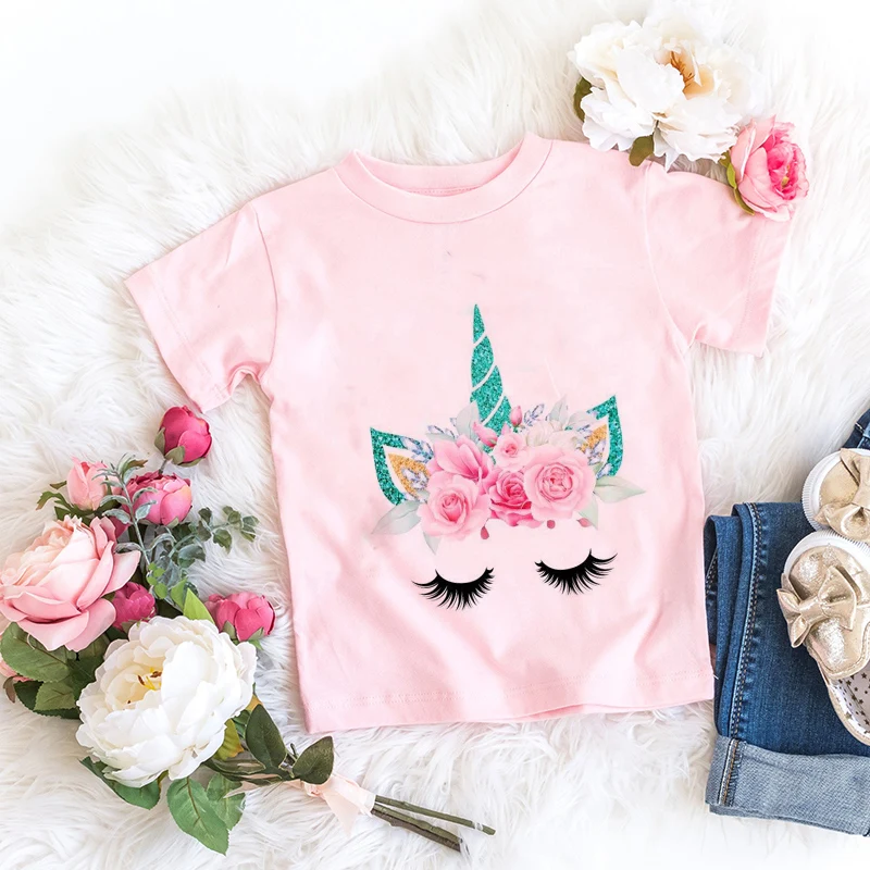 Camisetas con estampado Floral de unicornio para niños y niñas, ropa de manga corta con dibujos animados, trajes de verano