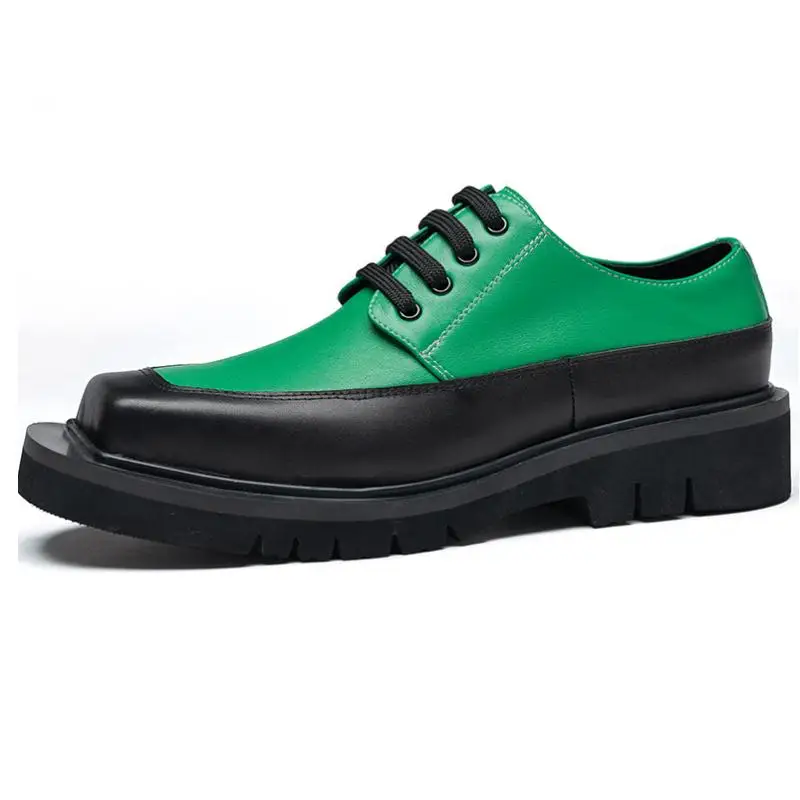 

New Square Toe Platform Shoes Men Height Increase Genuine Leather Casual Shoes British Fashion Party Shoes Size 37-44