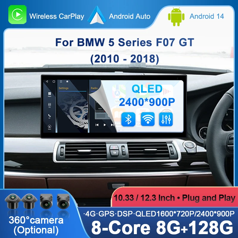 

Правый руль для BMW 5 серии F07 GT 2010-2018 CIC NBT Автомобильный мультимедийный радиоплеер Android 14 GPS-навигация WiFi Auto DSP