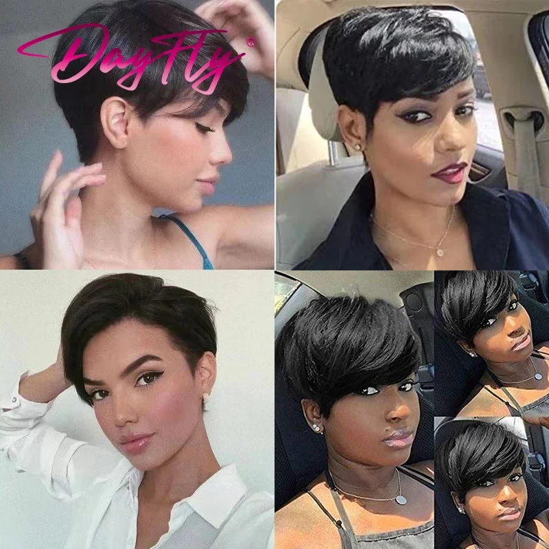 Krótkie szare peruki Highlight Pixie Cut Peruka z grzywką Włosy brazylijskie Naturalne fale Peruki Ombre Ludzkie włosy Peruki dla kobiet Wykonane