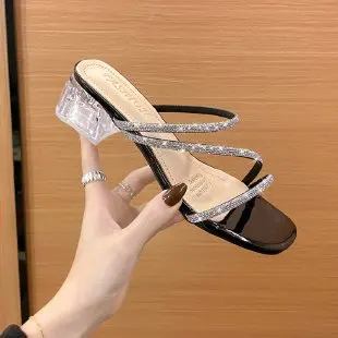 Women Mid Heeled Sandals Summer New Open Toe Rhinestone Fashion Sandals Personality Clear Square Heel Dressy Party Sandalias