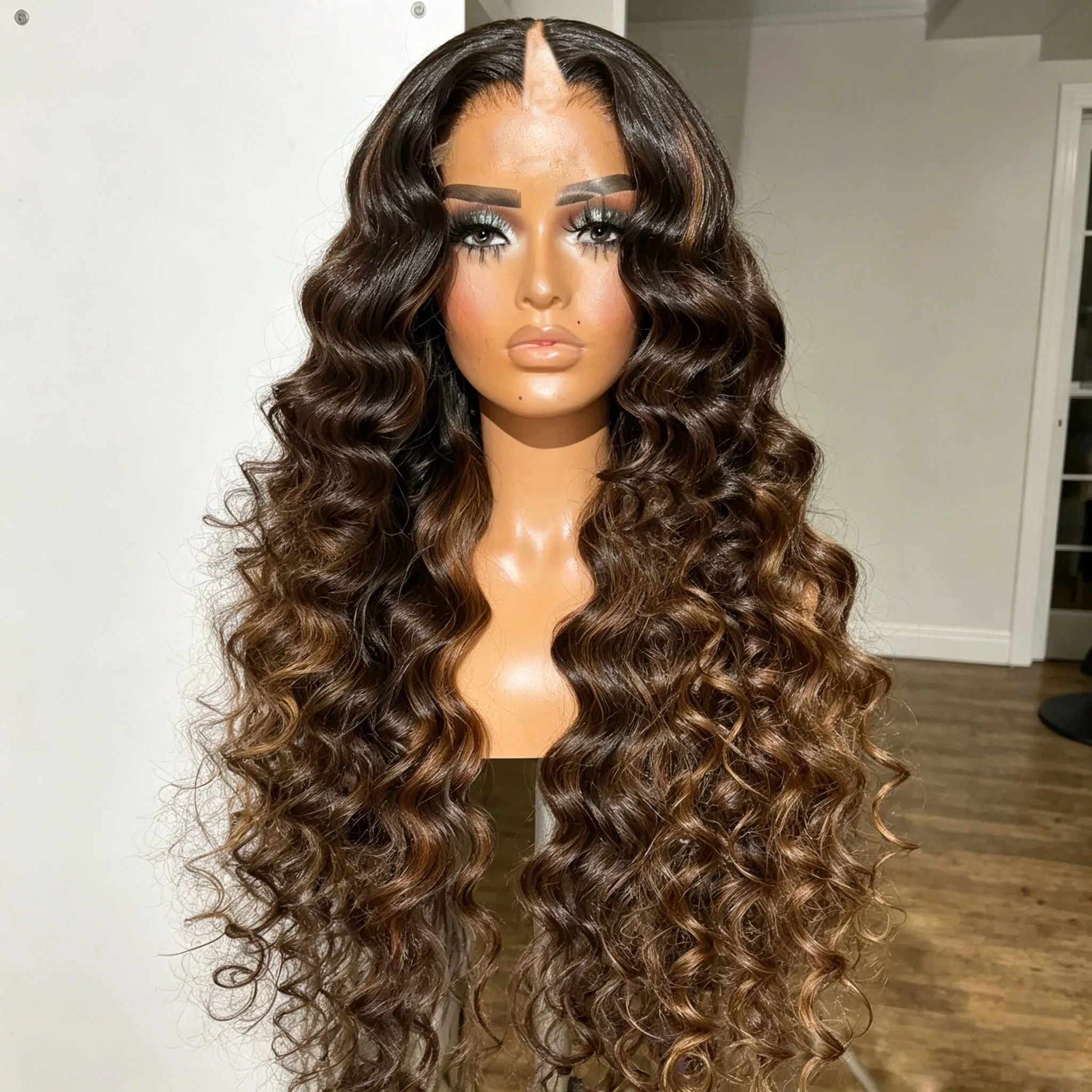Ombre Chocolate Brown Deep Wave U Part Wig Unprocesse Remy100% Human Hair Highlight Bouncy Curly V Part Wig 1x4 Shaped Full End