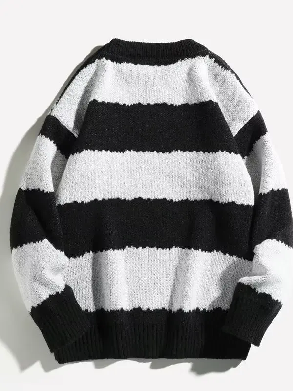 

Американский ретро ленивый мягкий черный свитер в белые полоски для пары, осень-зима, свободный круглый вязаный свитер, повседневный полиэстер...