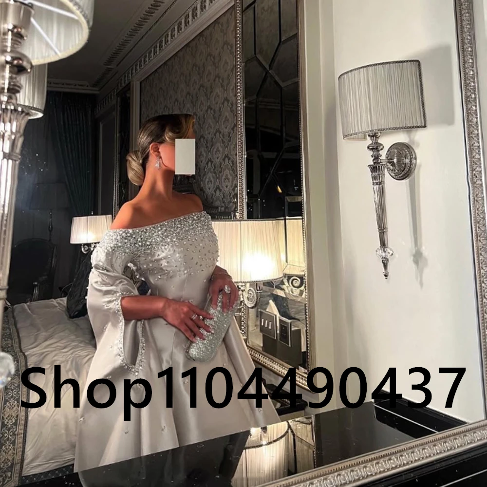Customized Boat Neck Silver Satin A-line Evening Dress Sequined Beading Sleeveless Backless Floor Length Pageant Party Prom Gown image 5